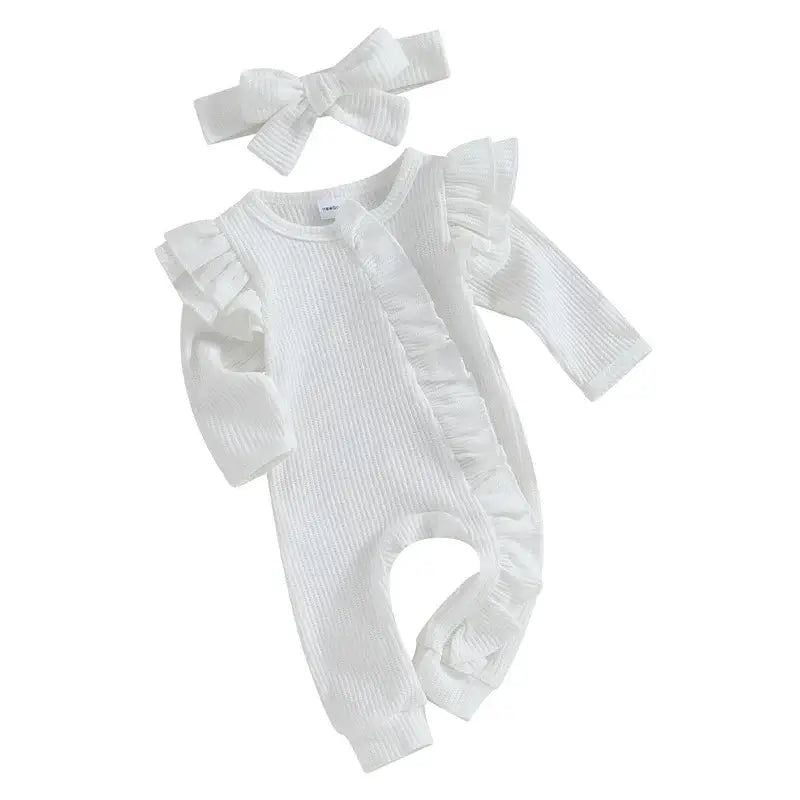 Whitney Ruffle Zipper Baby Onesie in white | Newborn Coming Home Outfit - Lulu Babe