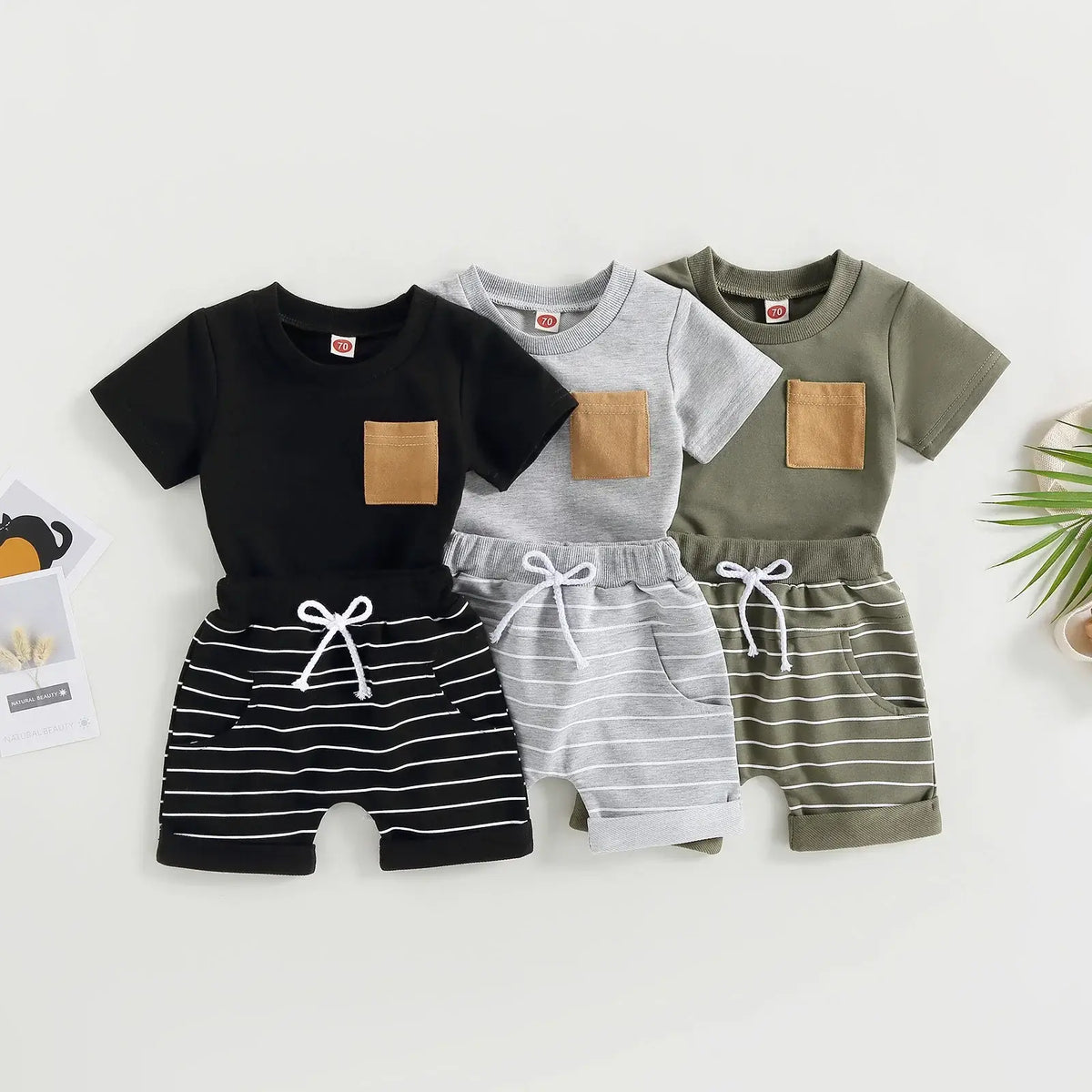 Riley Striped Shorts Baby Boy Sets - in black, grey & olive green