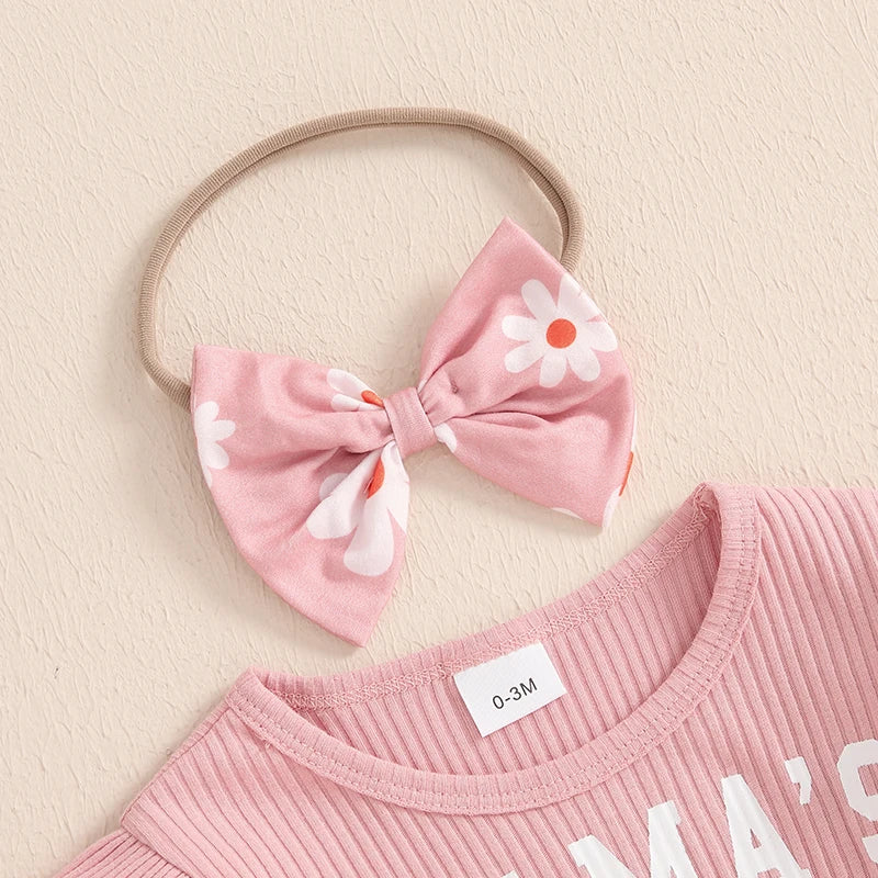 Mama's Girl Ruffle Set pink floral bow headband for girls, matching accessory to complete outfit.