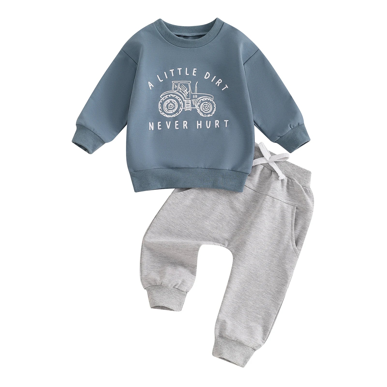 A Little Dirt Never Hurt toddler outfit set in blue with a tractor graphic pullover and grey tracksuit bottoms, ideal for play.
