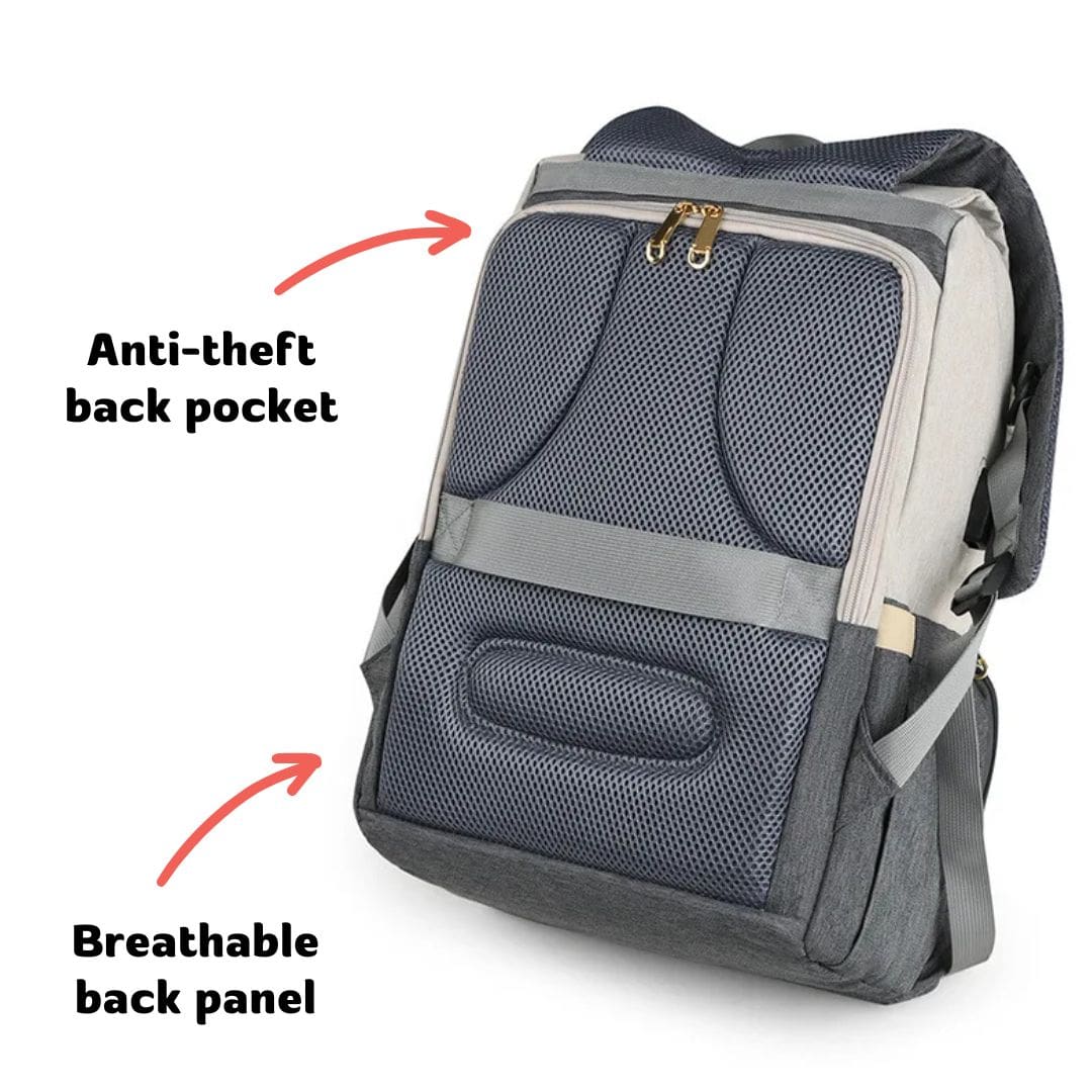 Nappy backpack with anti-theft pocket and breathable back panel for comfort