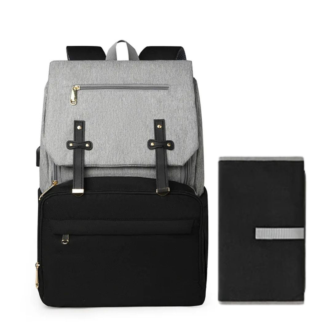 Grey and black nappy backpack with change mat - unisex and stylish, from Lulu Babe