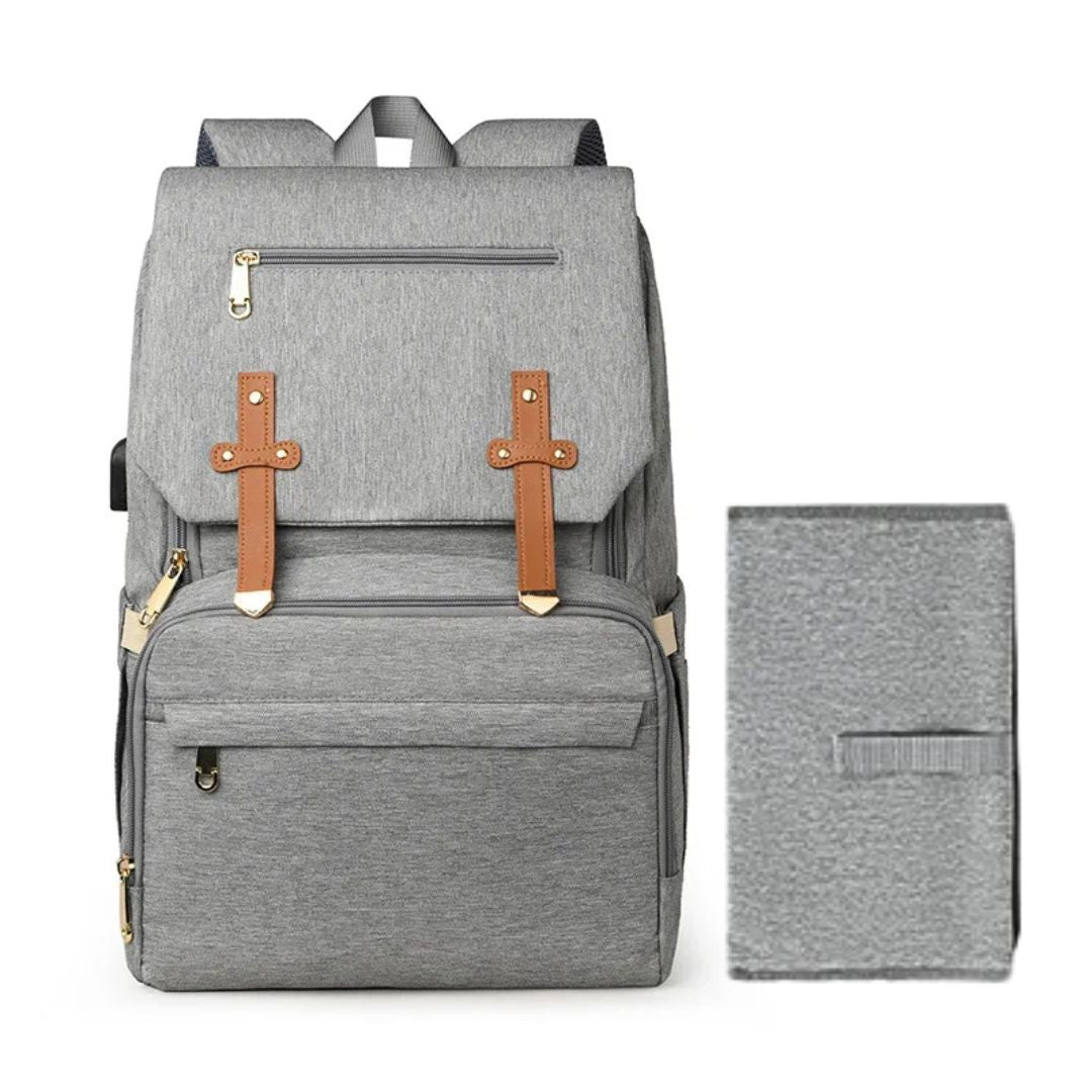 Grey nappy backpack with nappy bag, stylish design with tan vegan leather accents - lulu babe