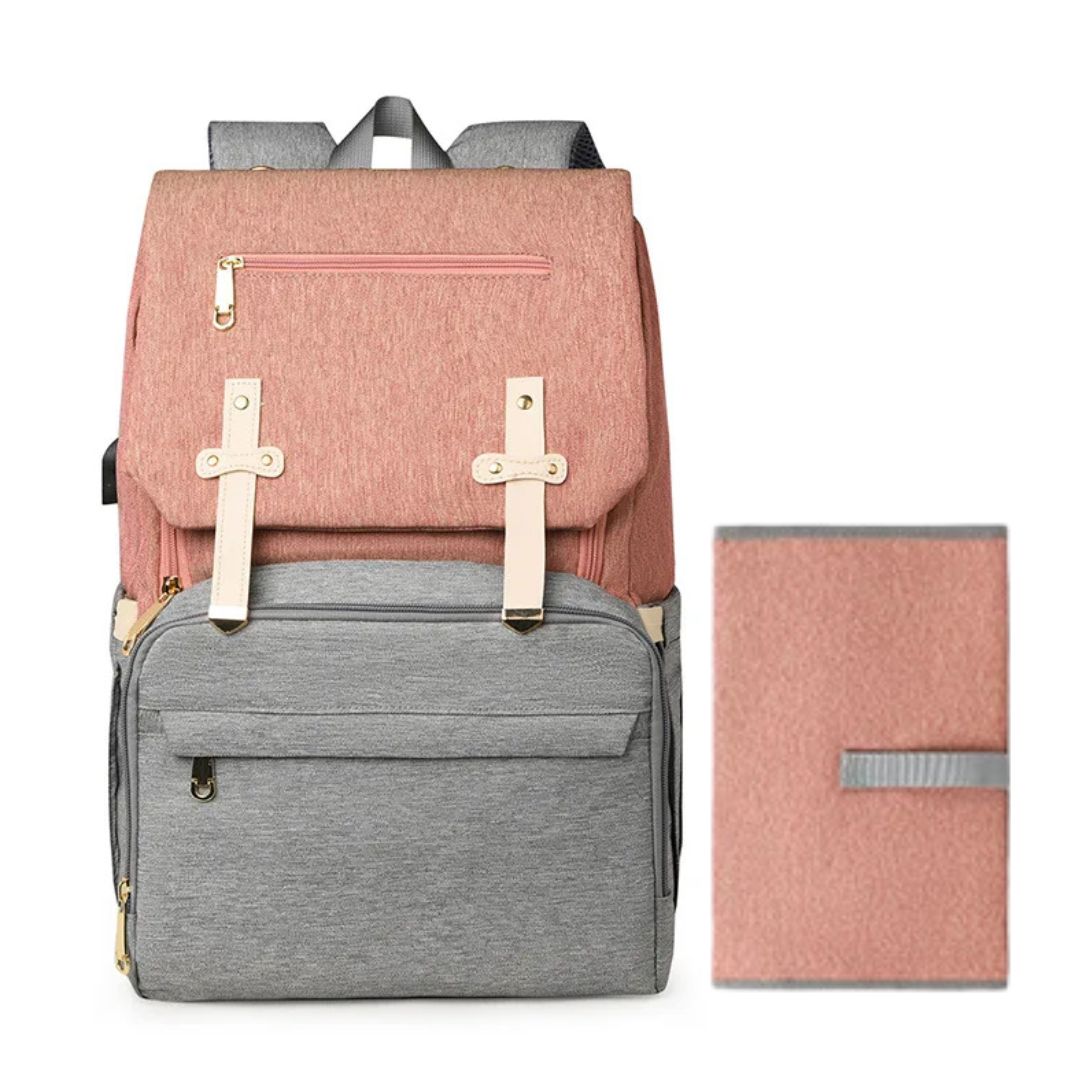 Pink and grey nappy backpack with change mat, stylish and spacious - Lulu Babe