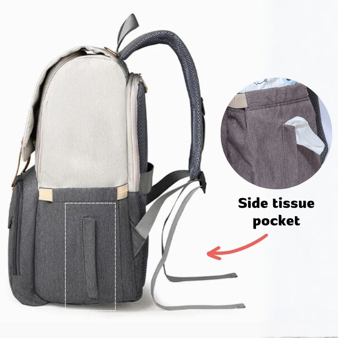 Side view of nappy backpack showing easy-access wipes pocket