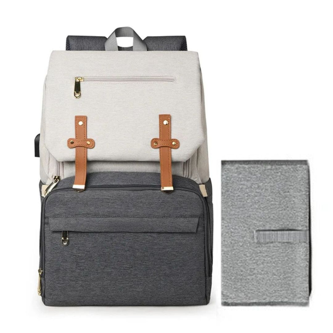 Nappy Bag Backpack with change mat in grey and white - spacious and lightweight with insulated bottle pockets