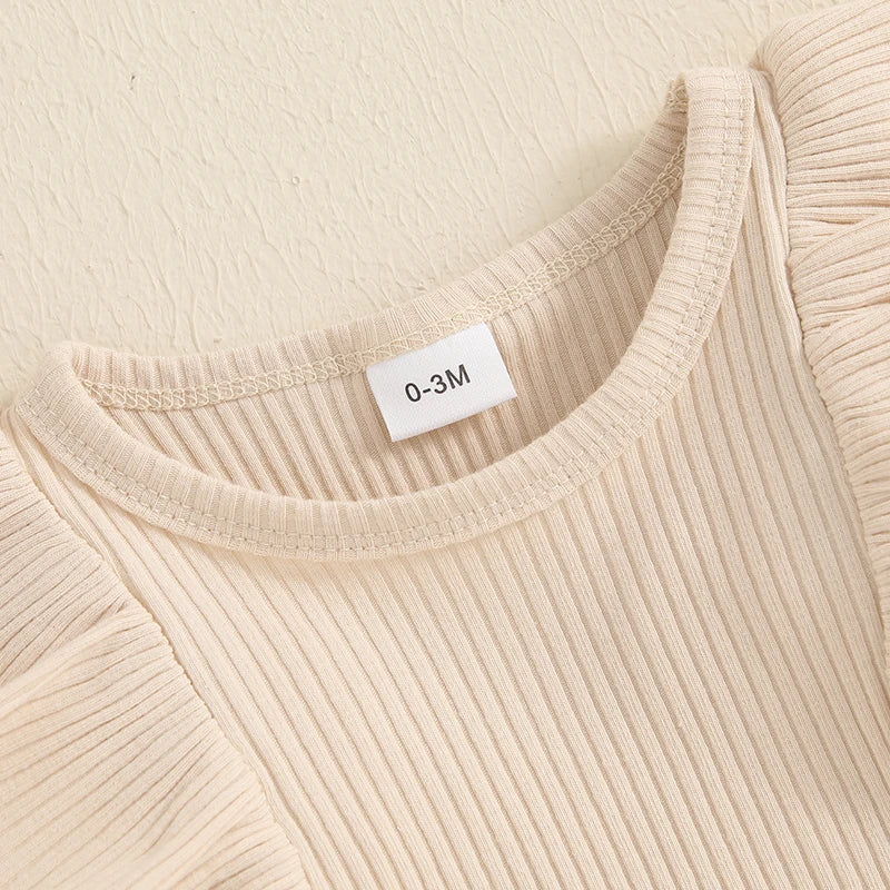 Close-up of a beige ribbed baby bodysuit 