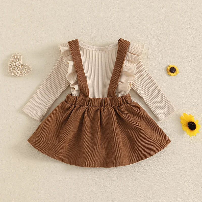 Baby girl dress outfit set with beige long-sleeve bodysuit and brown pinafore dress