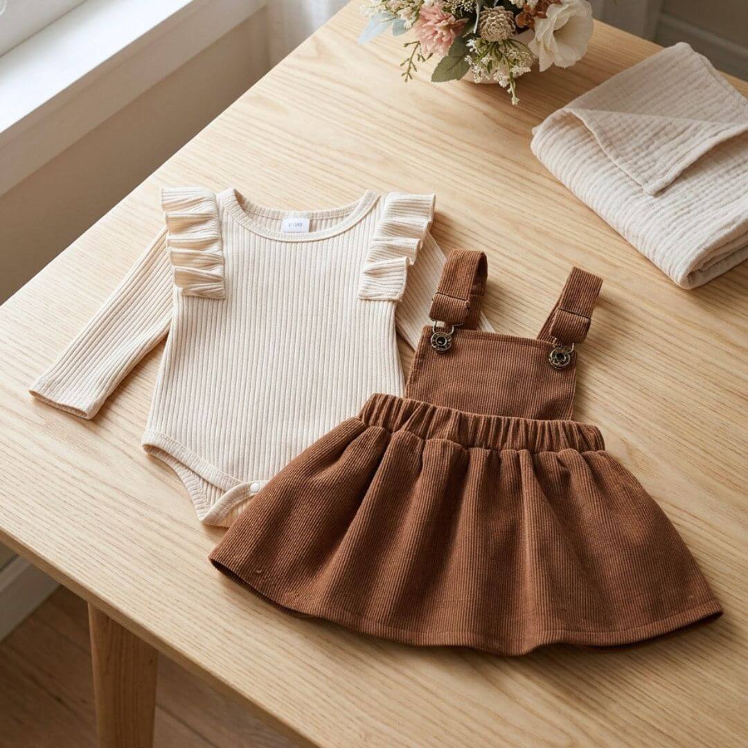 A baby girl's two-piece outfit set consisting of a cream ribbed long-sleeve bodysuit with ruffle details and a brown corduroy overall dress with a flared skirt, displayed on a light wood table.