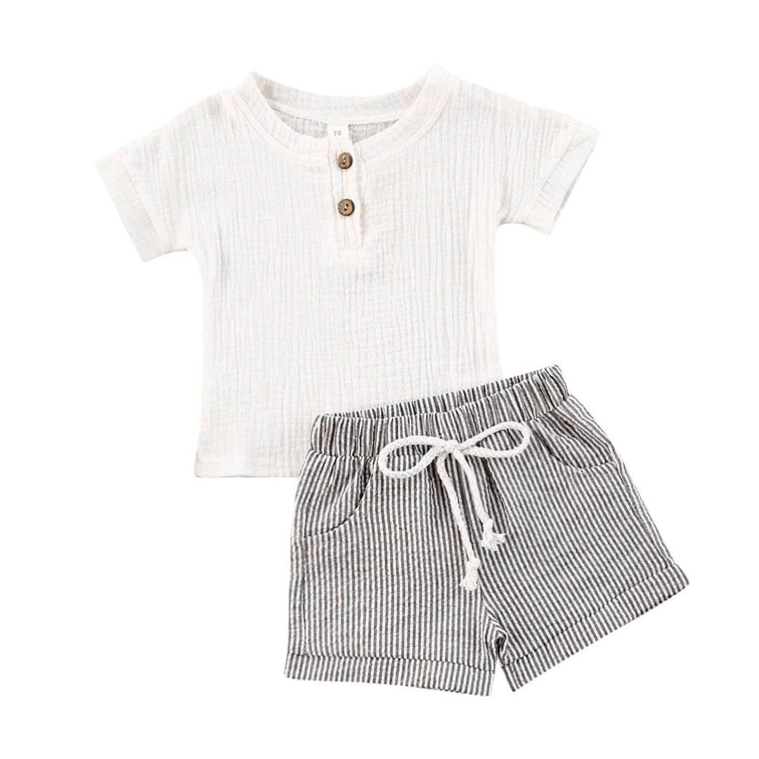 Baby Muslin Top and Shorts Set - white muslin short sleeve top and pinstripe shorts
