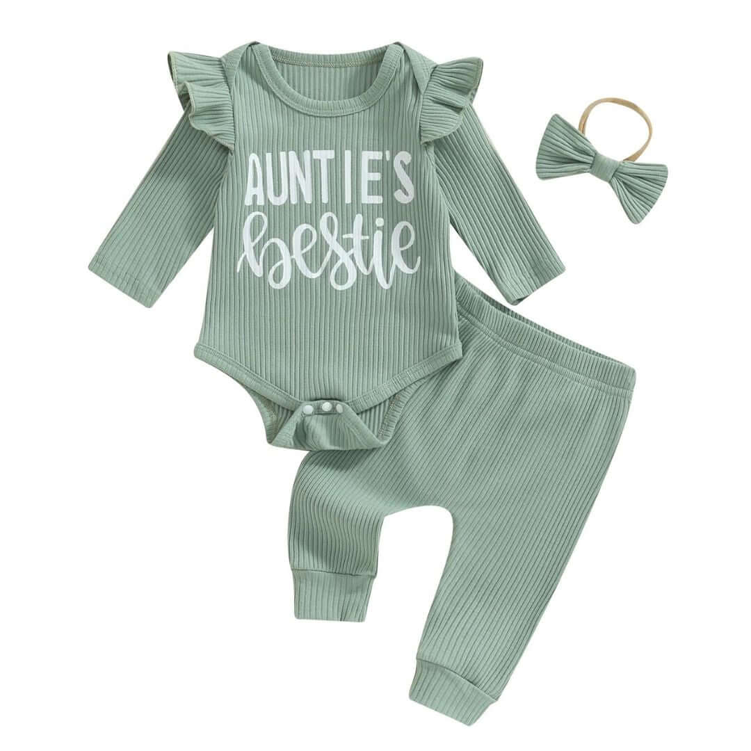 Auntie S Bestie Ribbed Baby Girl Set In Green Auntie S Bestie Ribbed Baby Girl Set In Green