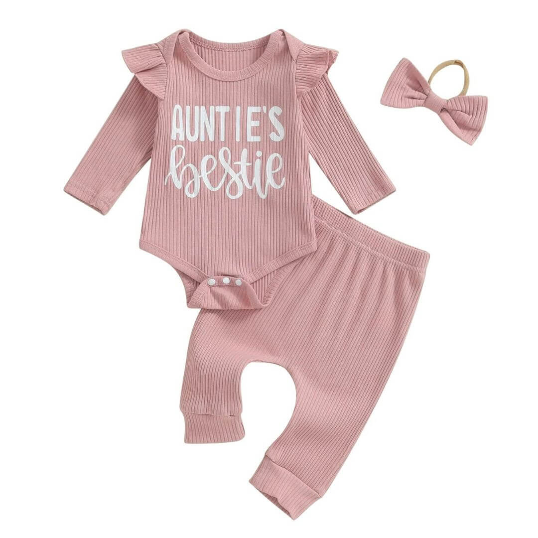 Auntie&#39;s Bestie Ribbed Baby Girl Set | Pink, Purple, Green - Lulu Babe