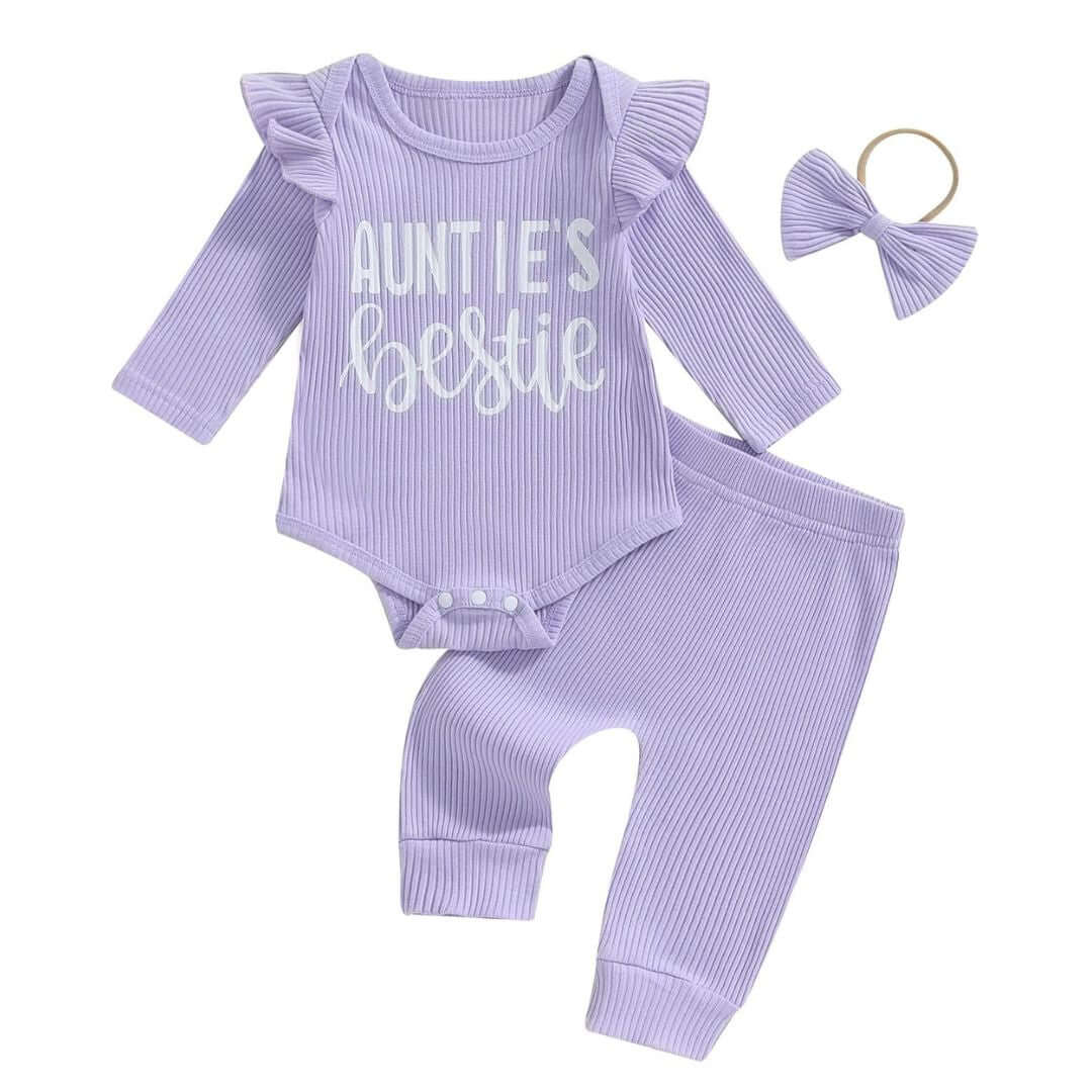 Auntie's Bestie Ribbed Baby Girl Set | Pink, Purple, Green - Lulu Babe