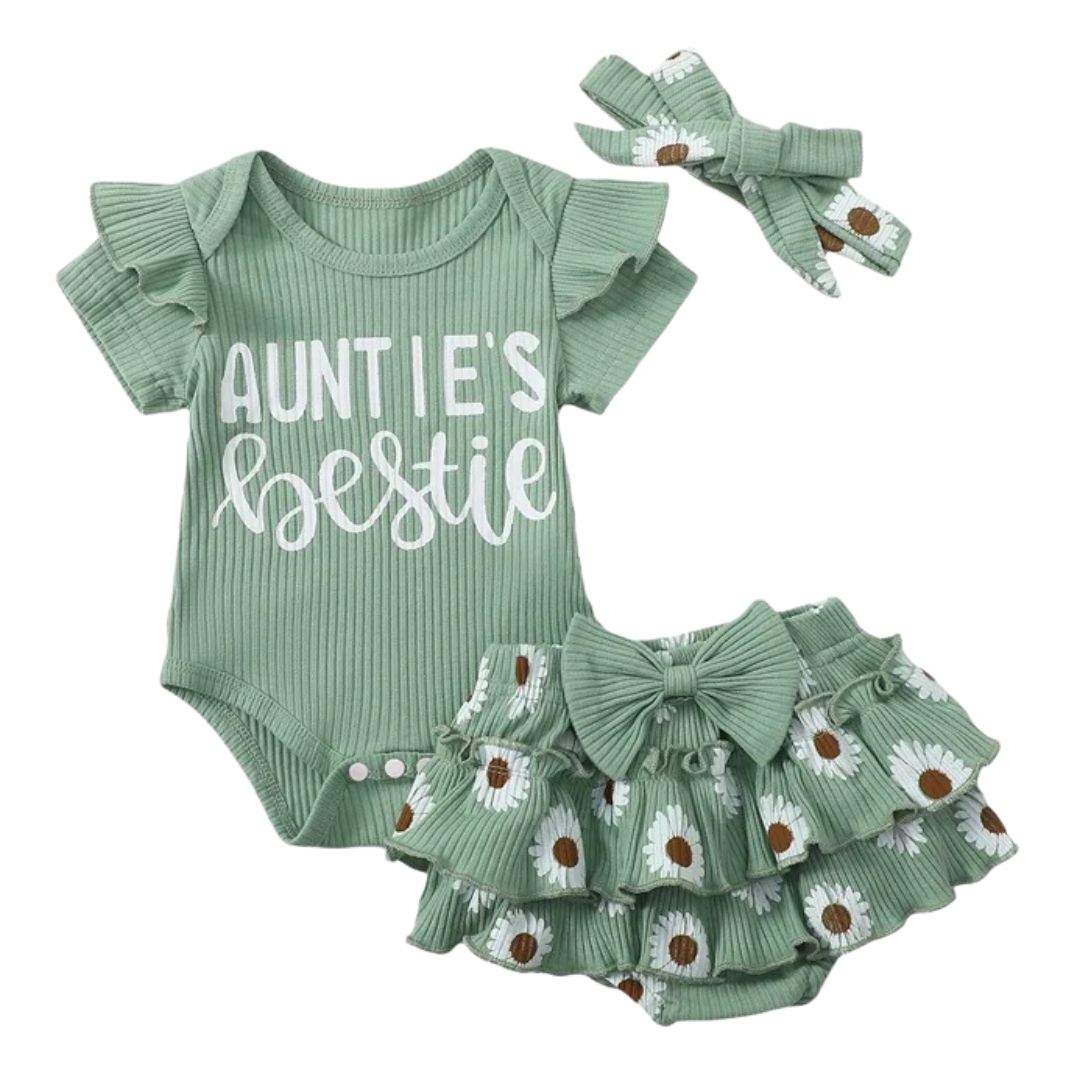 Auntie's Bestie baby girl outfit in green - with ribbed ruffle romper, ruffle daisy bloomer skirt & matching headband