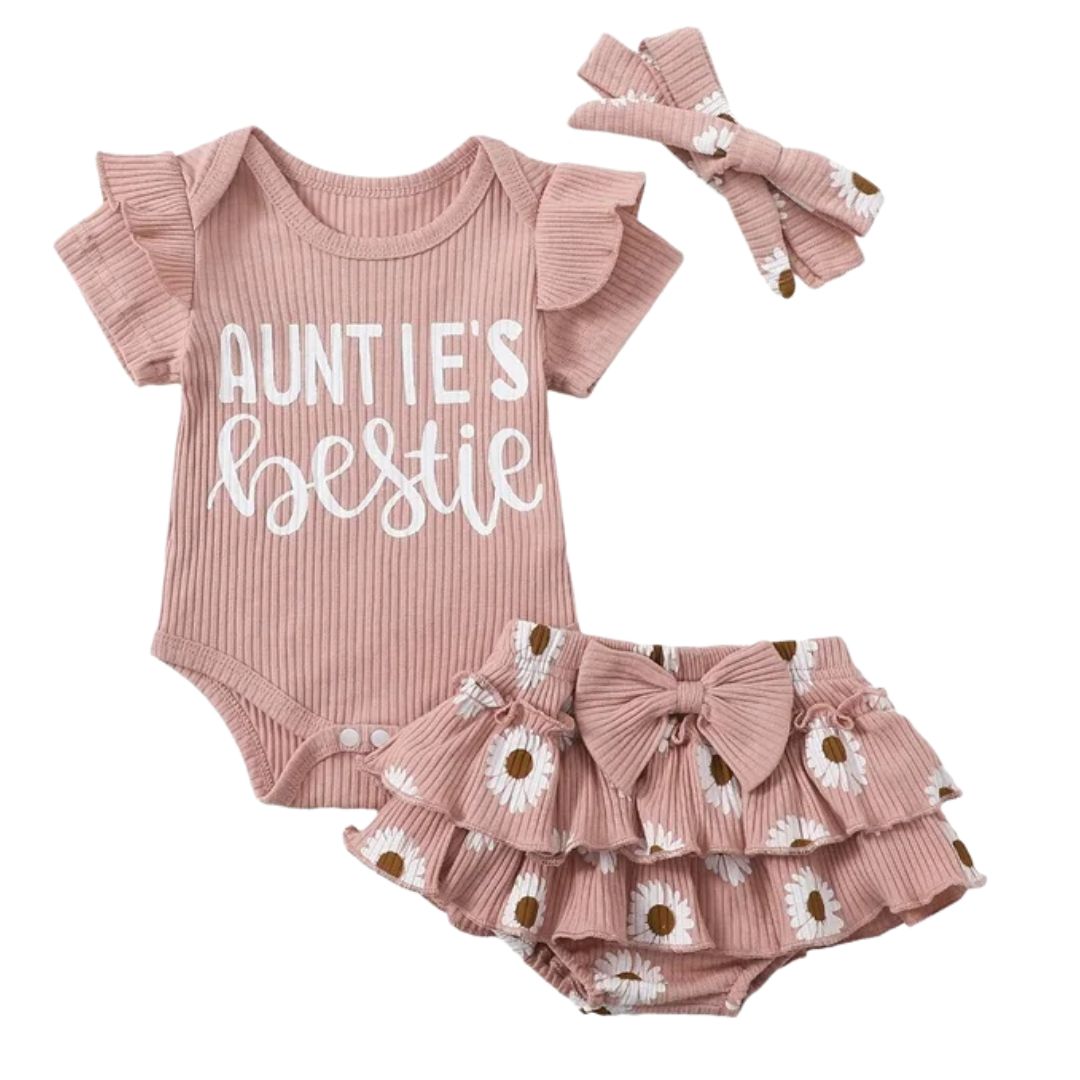 Auntie's Bestie baby girl outfit in pink - with ribbed ruffle romper, ruffle daisy bloomer skirt & matching headband