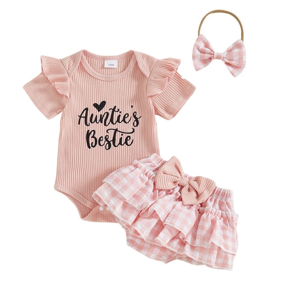 Auntie's Bestie Ruffle Set for baby girls featuring ribbed bodysuit, gingham shorts, and matching hair bow.