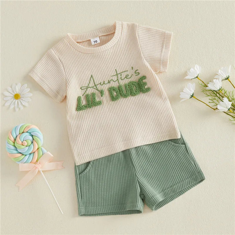 Auntie's Lil Dude baby boy outfit set with cream T-short and green shorts
