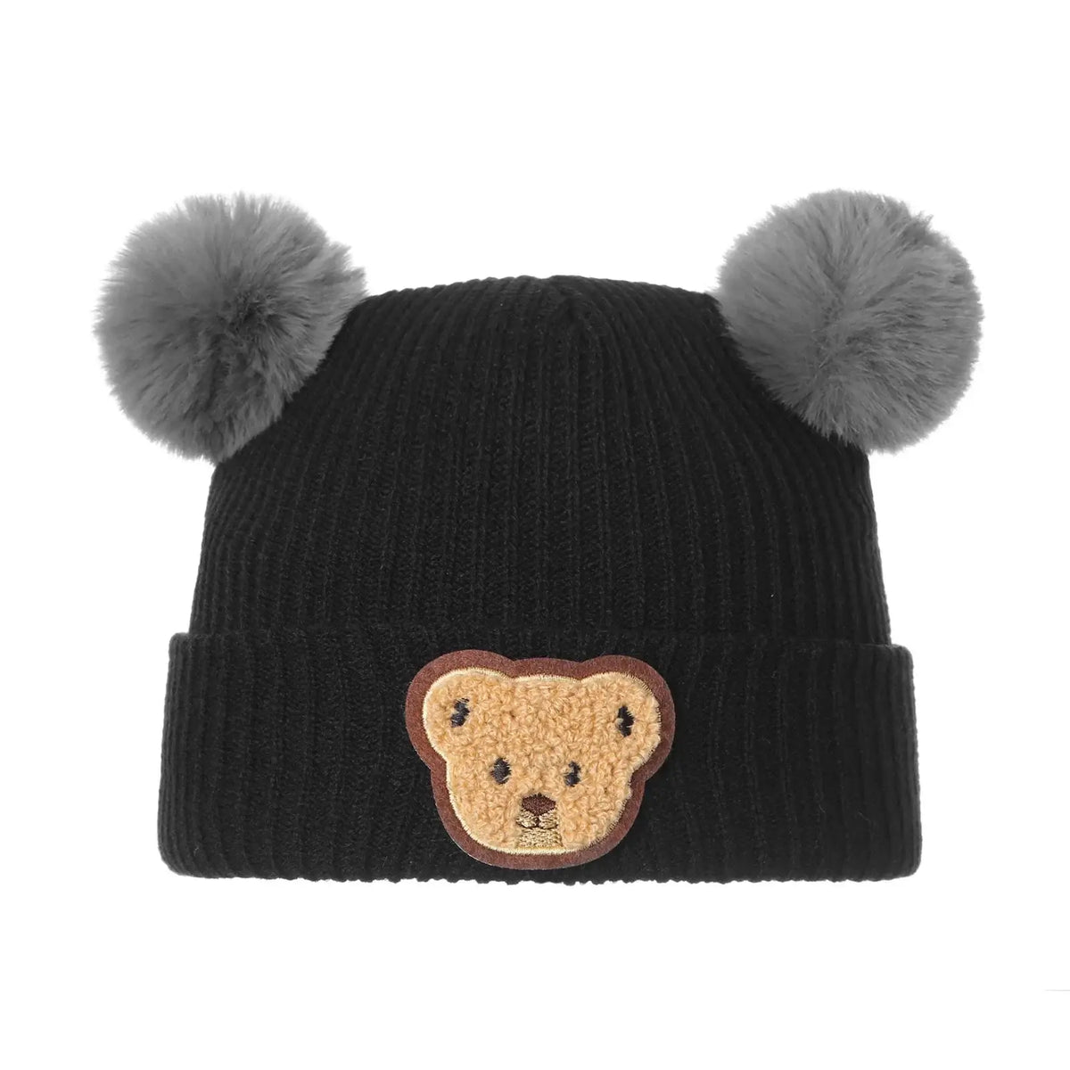 Black ribbed knit baby beanie with teddy bear embroidery and pom poms