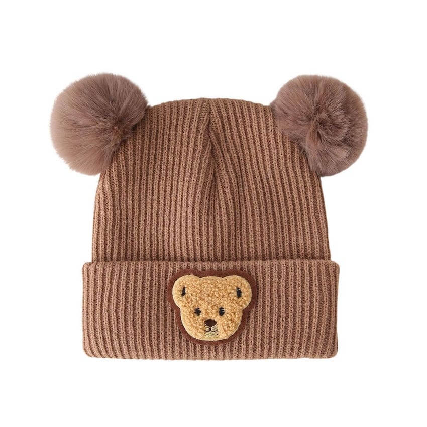Brown ribbed knit baby beanie with teddy bear embroidery and pom poms