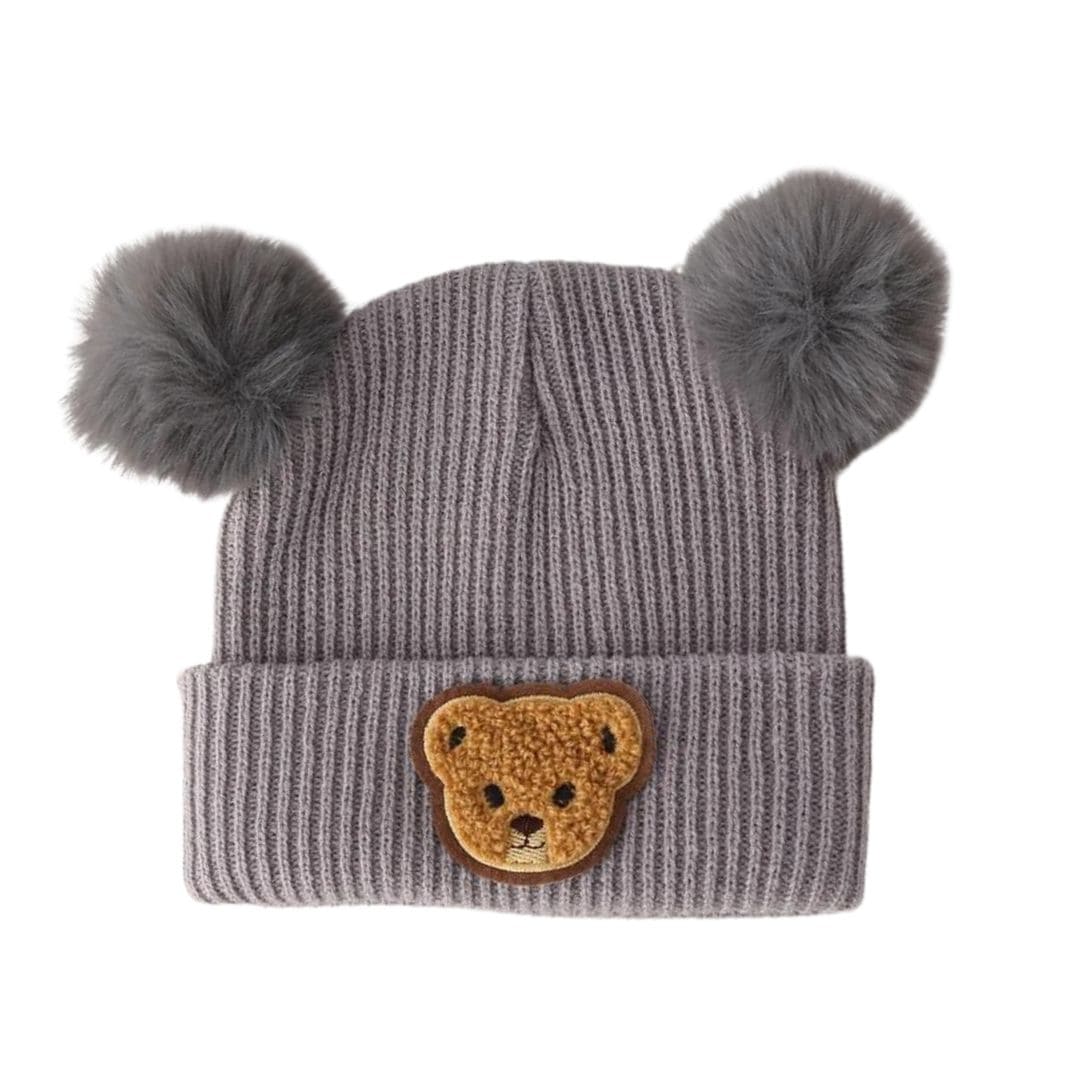 Grey ribbed knit baby beanie with teddy bear embroidery and pom poms