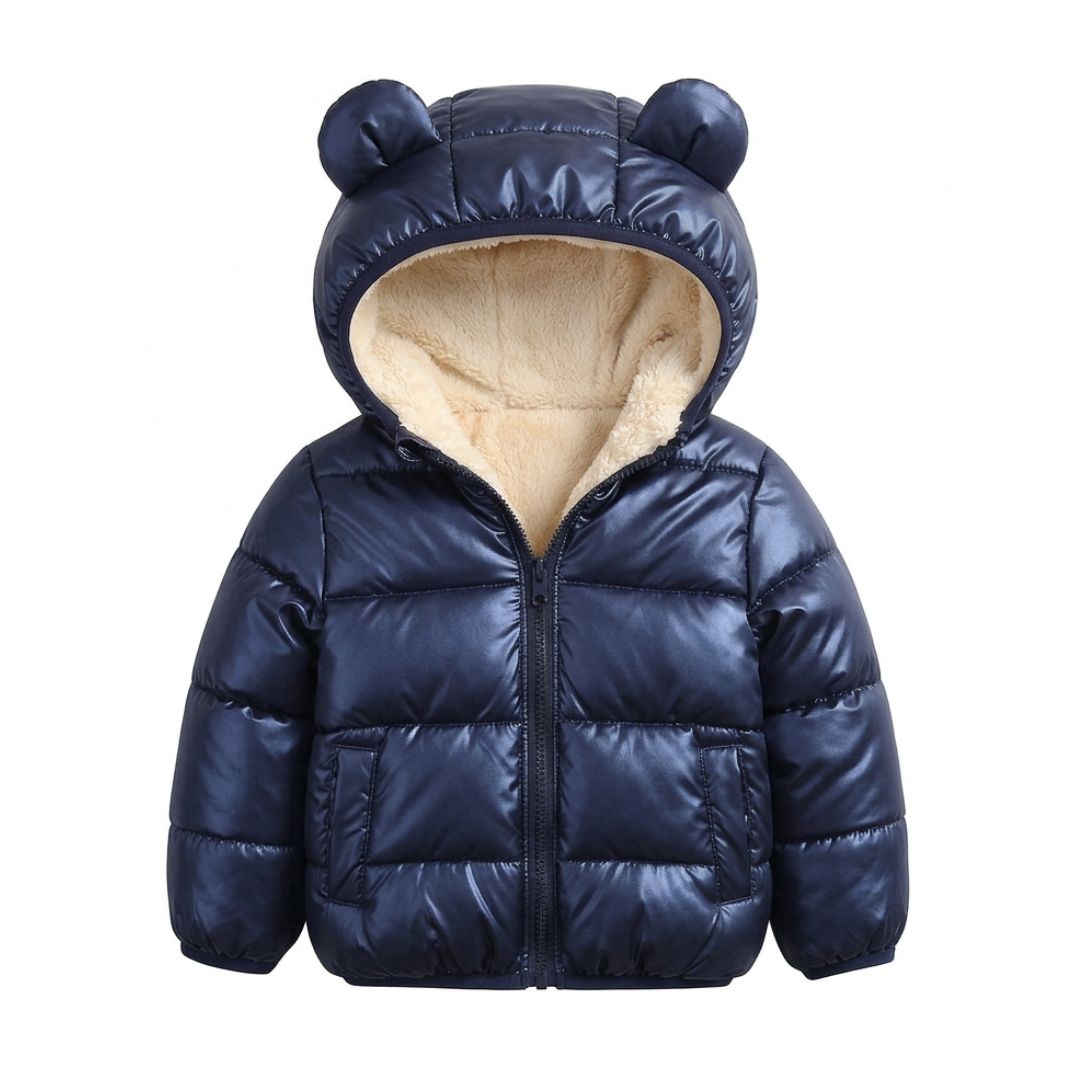 Navy baby puffer jacket with bear ears and fleece lining