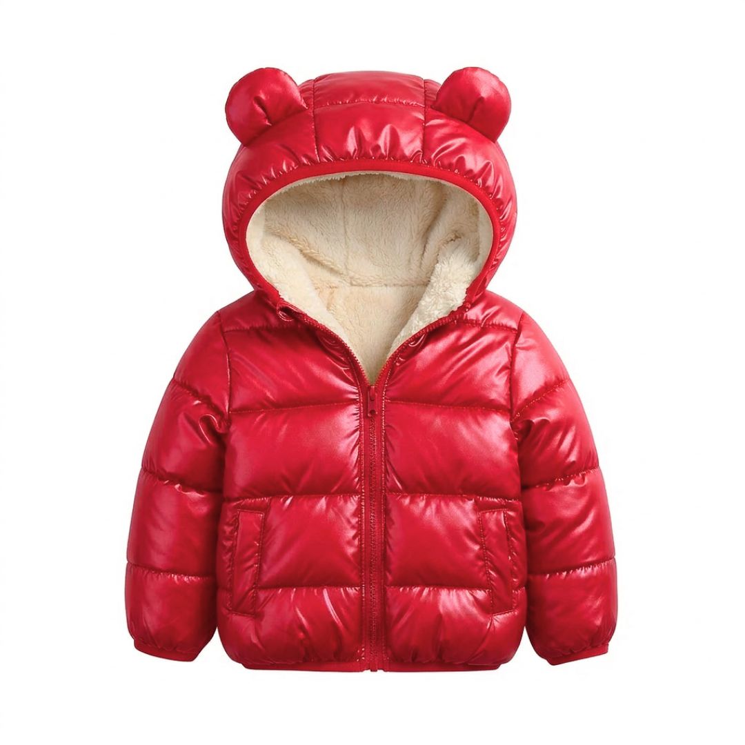 Red baby puffer jacket with bear ears and fleece lining