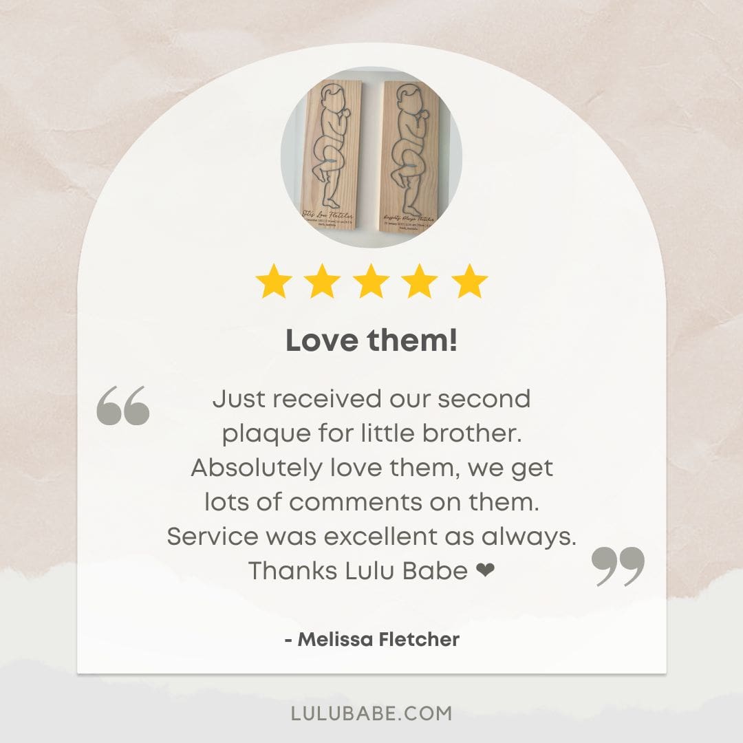 Customer review of a personalised baby birth plaque with 5 stars and a heartfelt message.