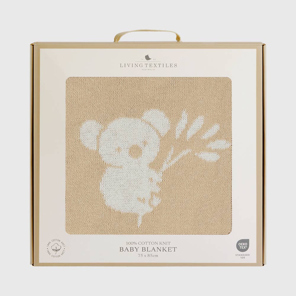 Australiana cotton knit baby blanket in gift box showing koala design