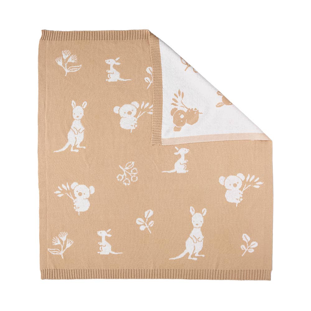 Reversible 100% cotton knit baby blanket with koala and kangaroo Australiana design in tan and cream, folded to show both sides