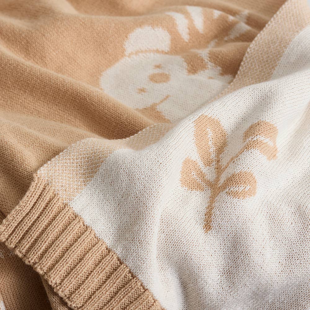  Reversible 100% cotton knit baby blanket with koala and kangaroo Australiana design in tan and cream