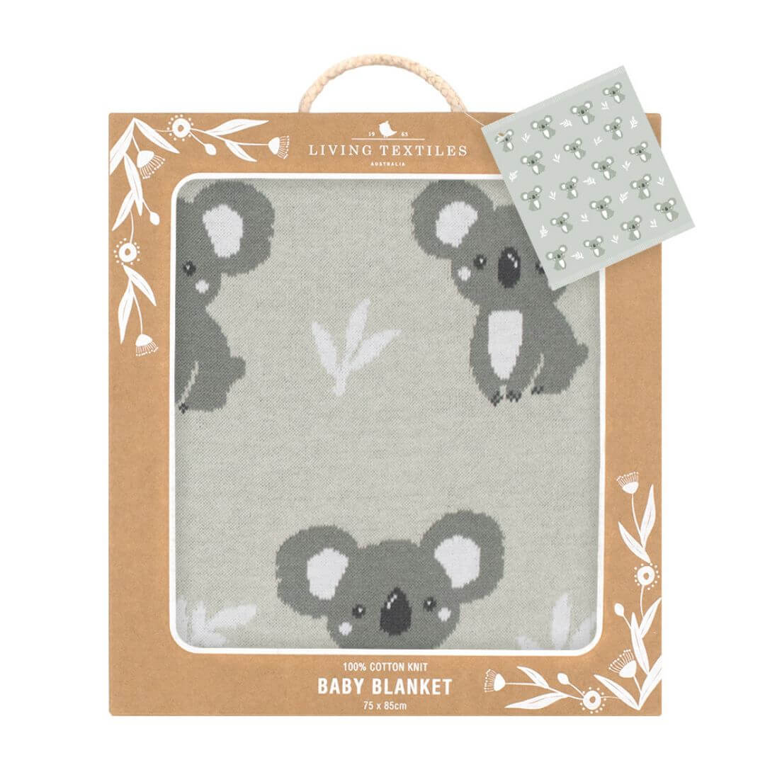 Koala grey baby blanket in 100% cotton knit featuring a cute koala print