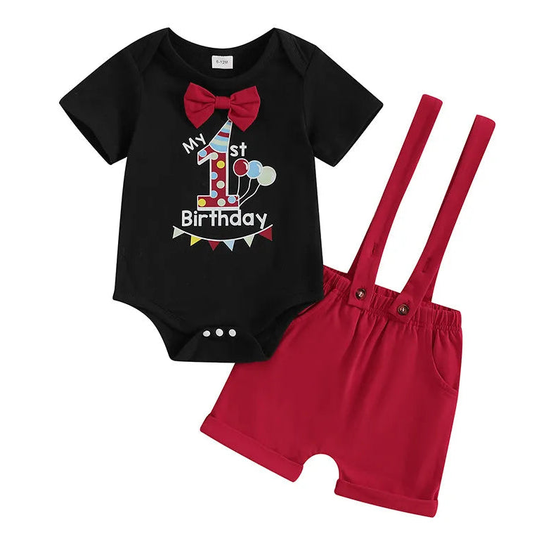 Baby boy first birthday outfit - includes black bodysuit with attached bowtie and red suspender shorts
