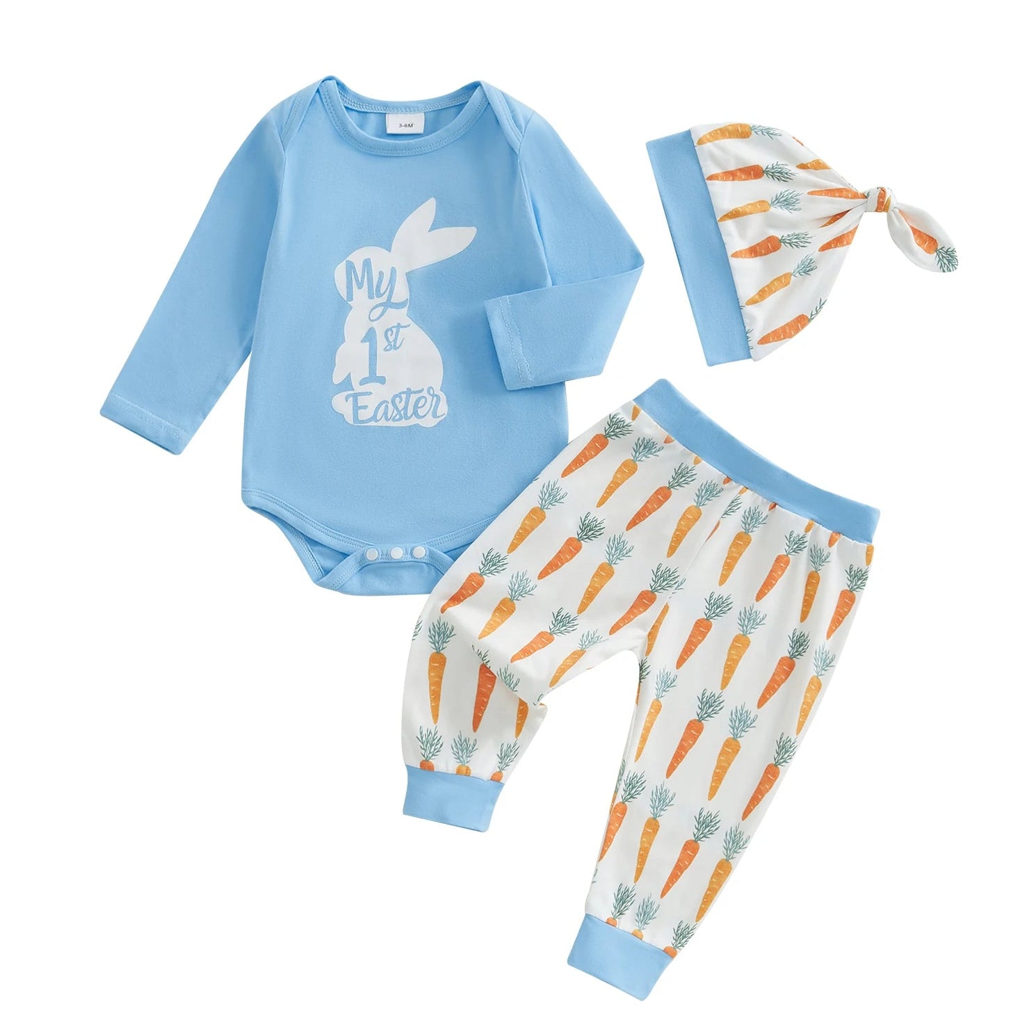 Blue bodysuit with My 1st Easter bunny graphic, white carrot print pants and matching knotted hat