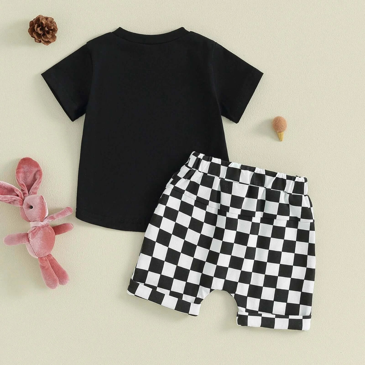 Back view of Checkerboard Bunny Shorts baby boy outfit