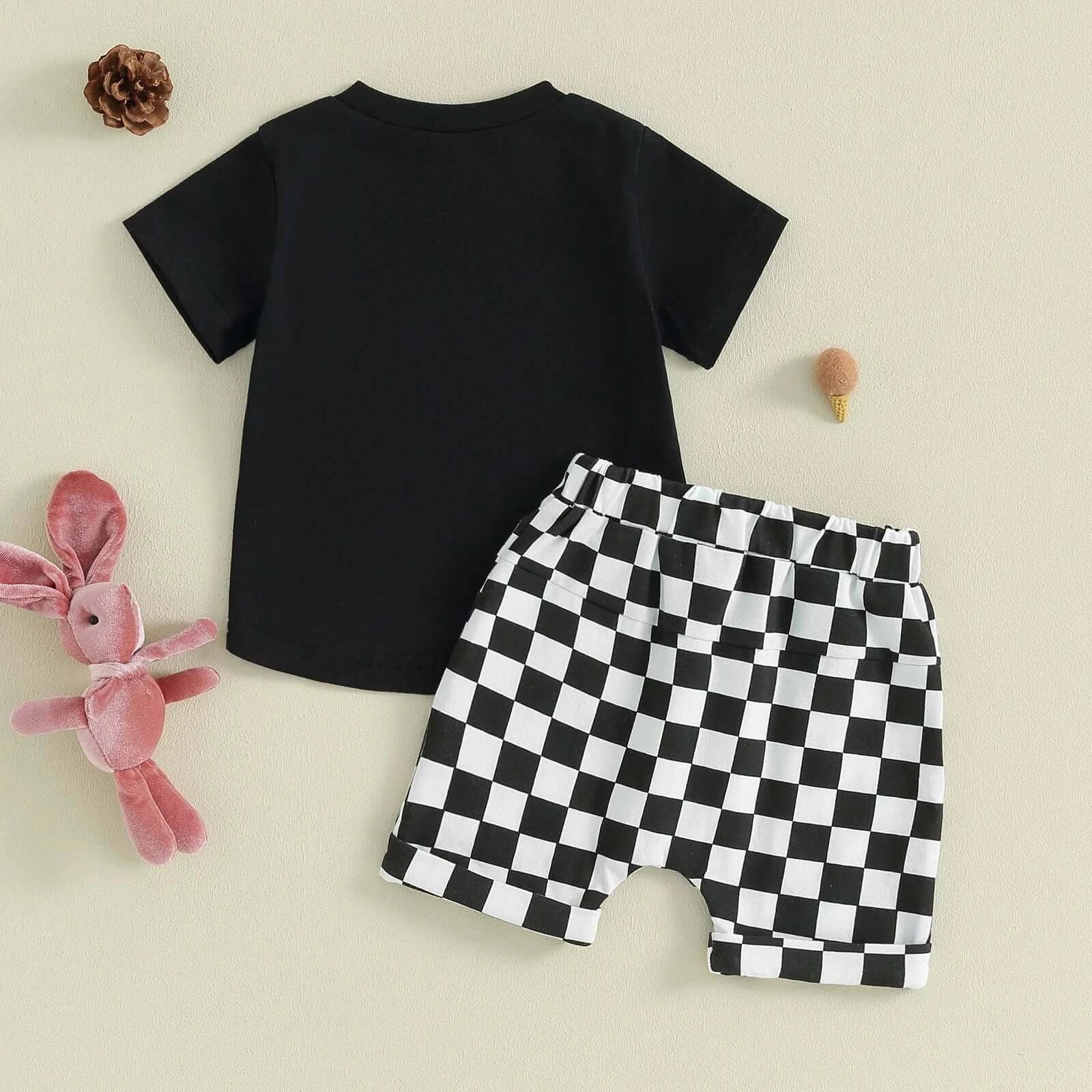 Back view of Checkerboard Bunny Shorts baby boy outfit