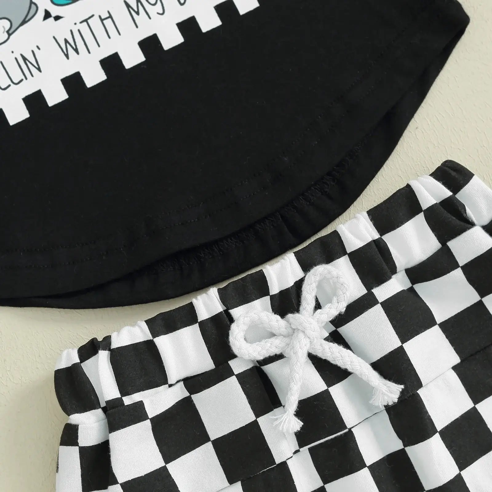 Close-up of Checkerboard Bunny Shorts baby boy outfit