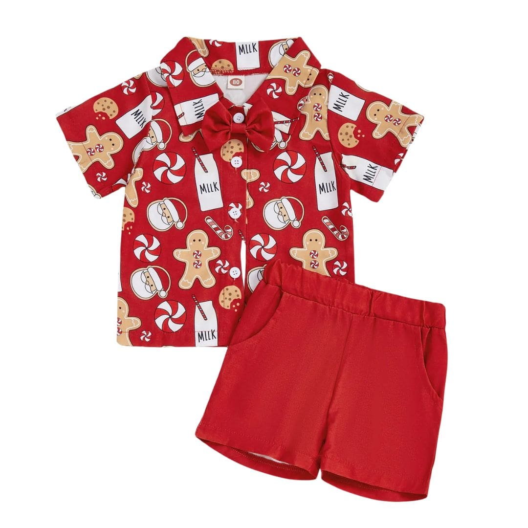 Baby boy Christmas outfit with red collared shirt with gingerbread man print and bow tie, and red shorts