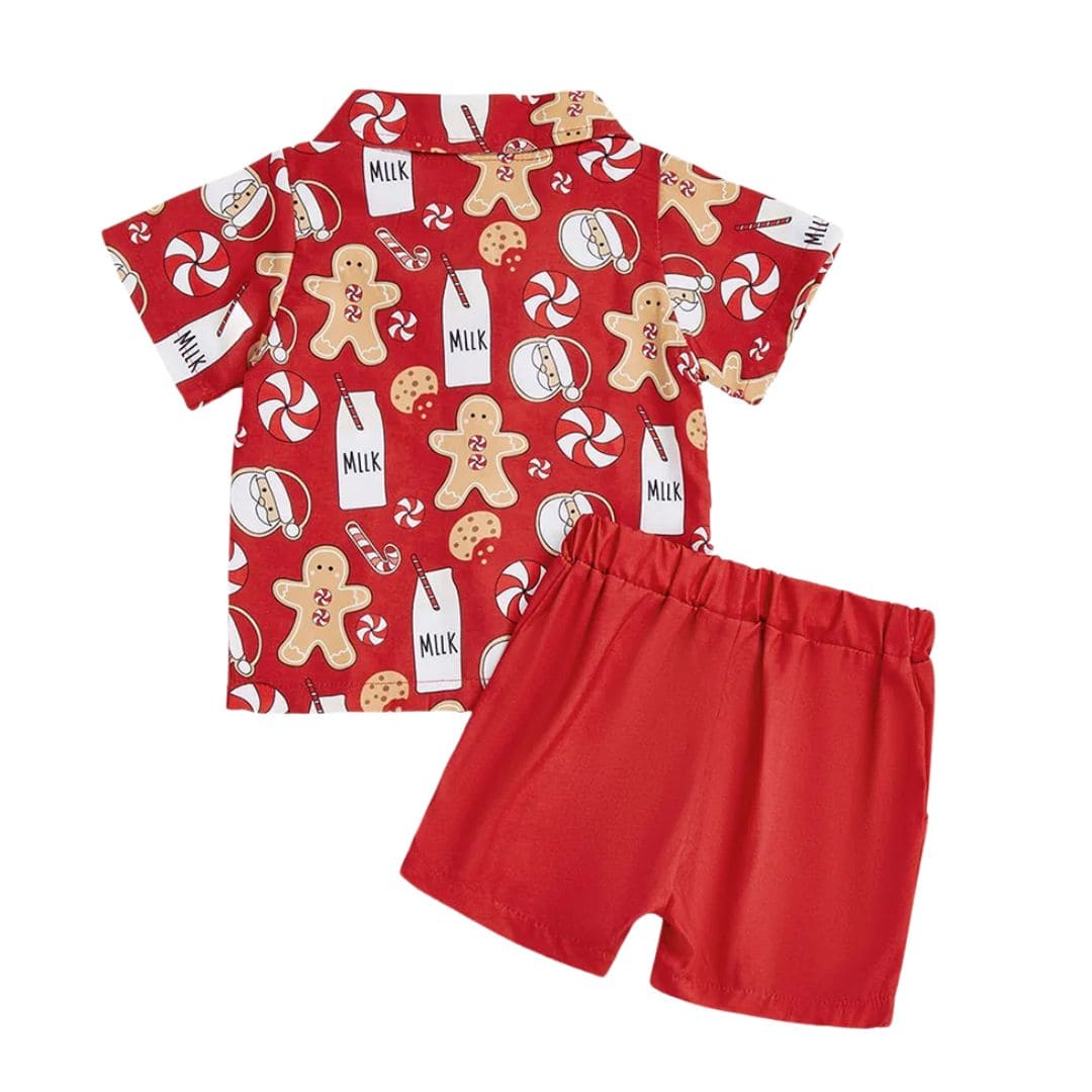 Back view of red baby boy Christmas outfit with gingerbread man print and bow tie