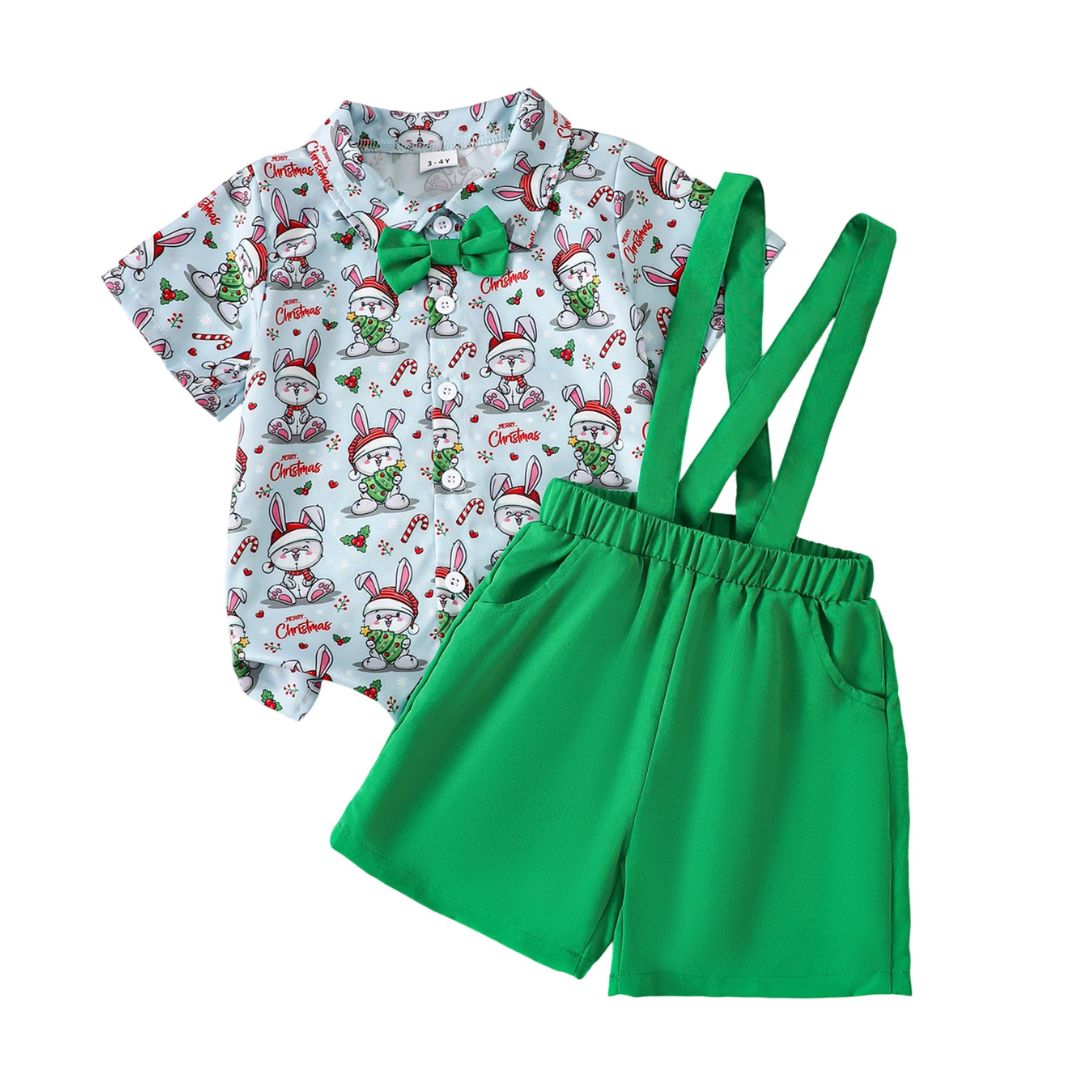 Christmas Bunny Suspenders Set for baby boys, featuring a green bow tie and suspenders, perfect festive outfit.