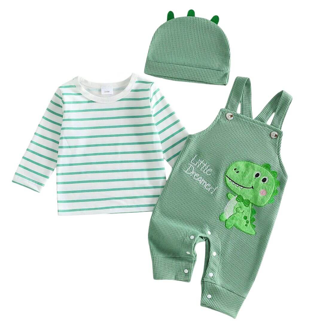 Baby boy dinosaur outfit with green waffle dino overalls, striped top and dino beanie