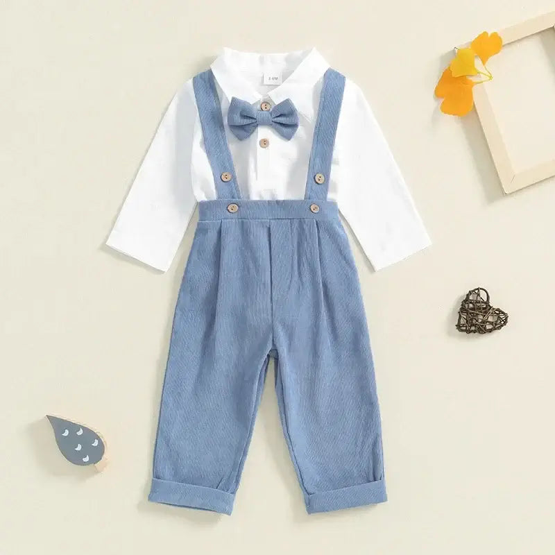 Remi Baby Boy Bow Tie Set with blue suspender pants and white collared shirt onesie
