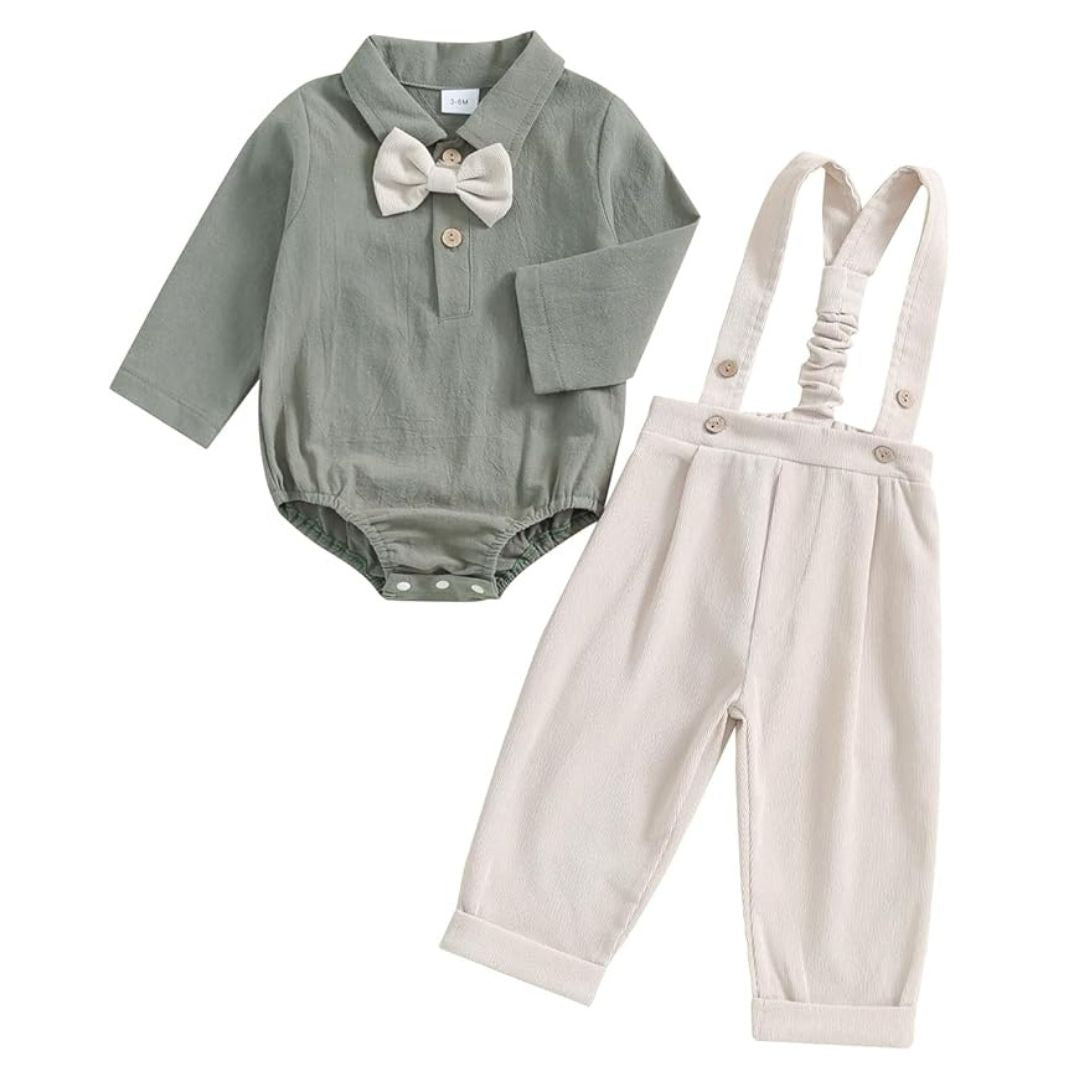 Remi formal baby boy outfit, includes sage green collared shirt onesie with bow tie, and cream suspender pants