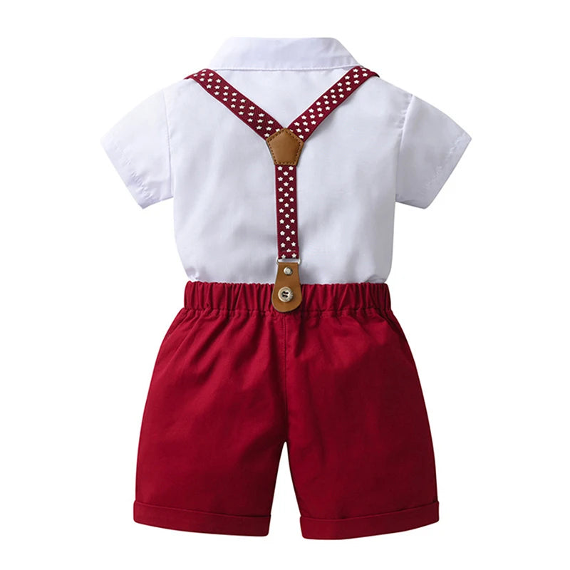 Dapper Red Suspenders Set featuring a white shirt and red shorts with matching suspenders for toddlers