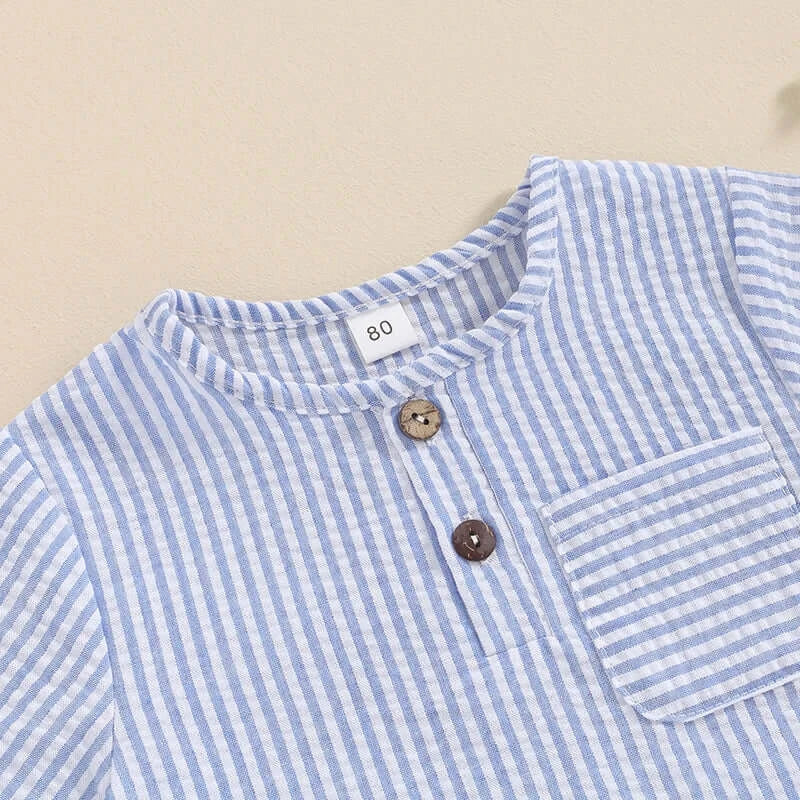 Ethan Muslin Summer Set in blue, closeup of shirt