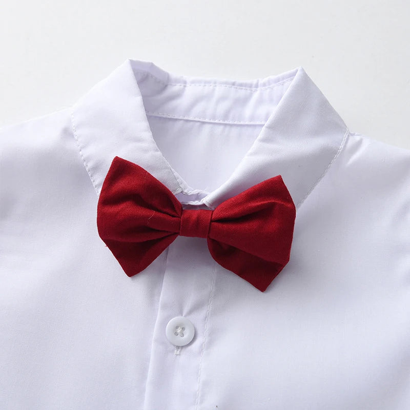 Dapper Red Suspenders Set featuring a red bow tie on a crisp white shirt