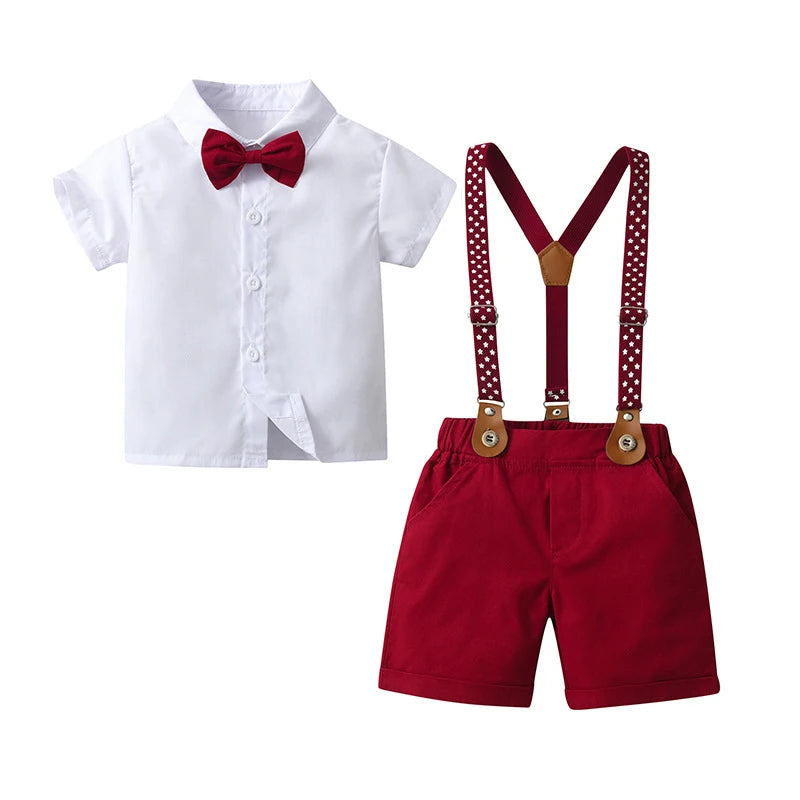 Dapper Red Suspenders Set featuring a white shirt, red bow tie, and red shorts with suspenders