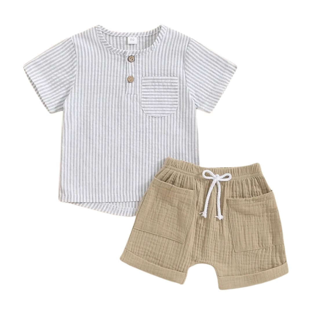 Baby boy 2 piece outfit set with grey striped shirt and beige linen shorts