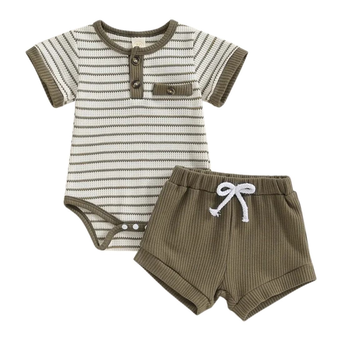 Khaki striped waffle knit baby romper with matching shorts