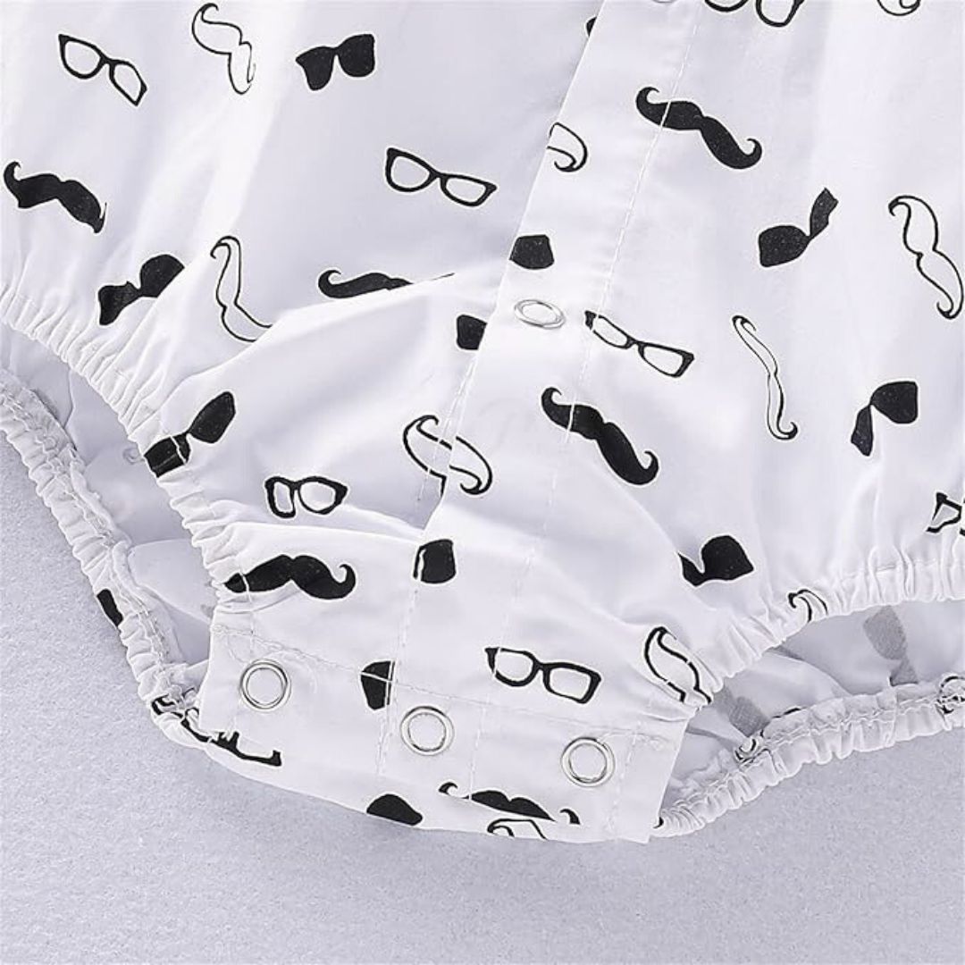 Baby boy tuxedo shorts outfit - closeup of shirt onesie