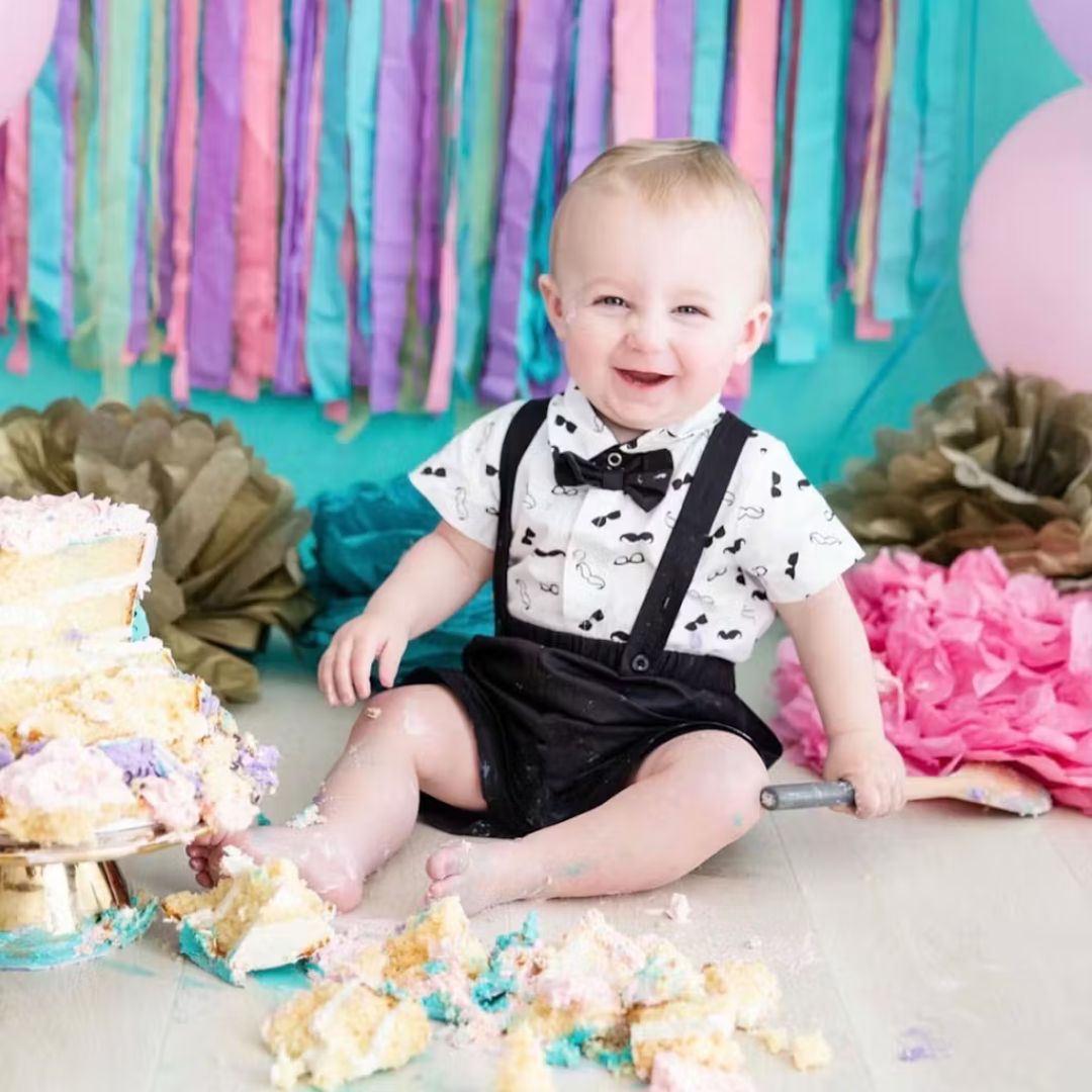 Baby boy wearing tuxedo shorts set for his cake smash photo - Lulu Babe